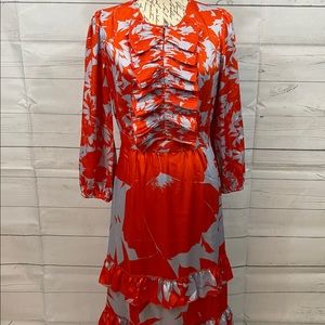 J. Crew hot orange/ blue floral midi dress.